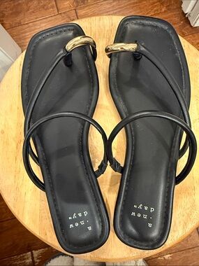 a new day Black Strappy Square-Toe Sandals with Gold Toe Ring
